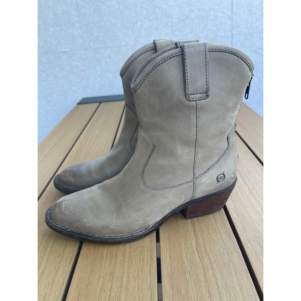 Born Taupe Leather Western Ankle Boots Rear Zip 7.5M Boho Festival Cowgirl